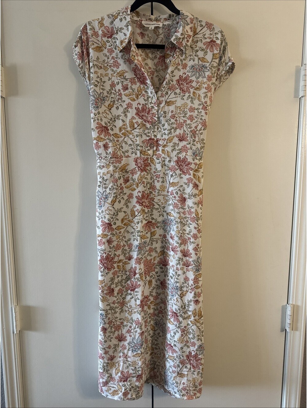 Lucky Brand Floral Midi Shirt Dress Size Large Boho Button Up Cottagecore
